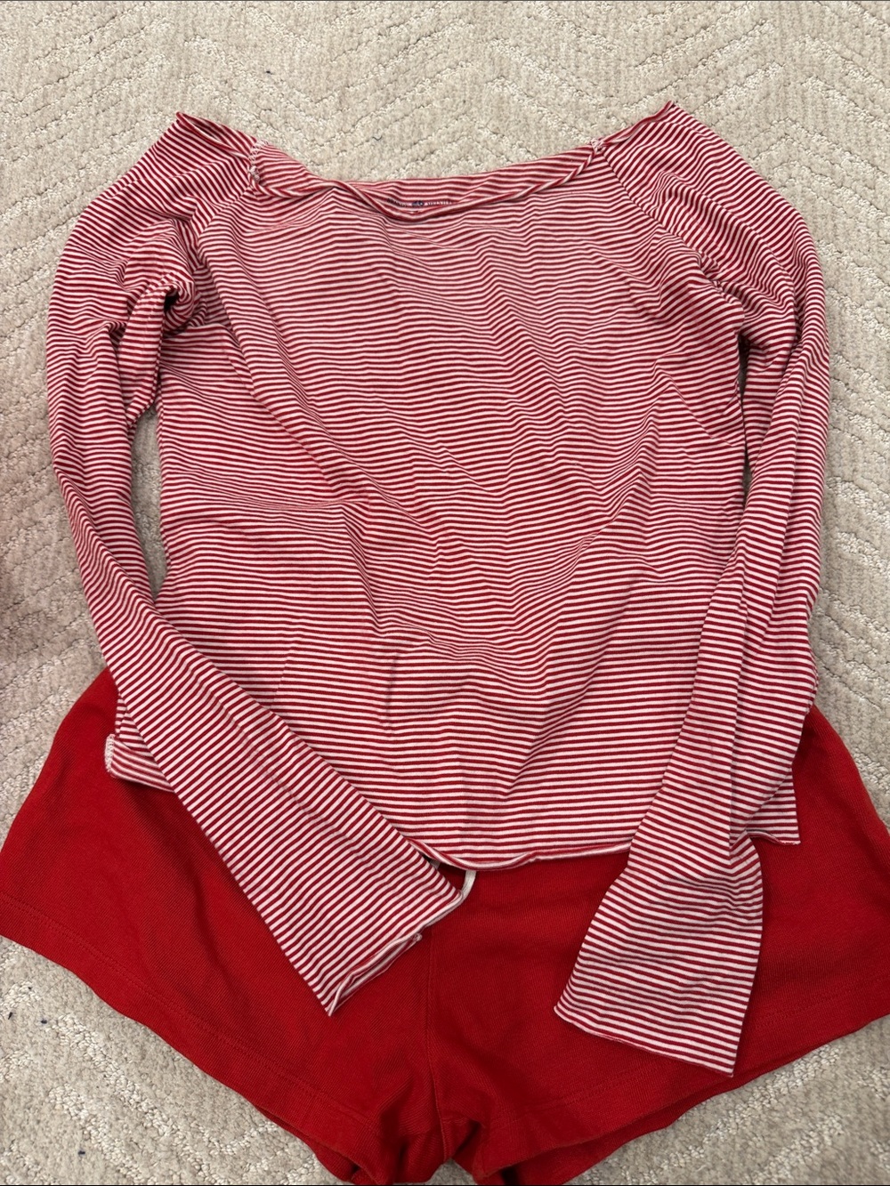 Striped Red Long-Sleeve Women's top with shorts